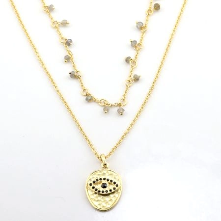 Evil Eye Pendant necklace, Brass with 22k gold plated, Onyx and Labradorite gemstone